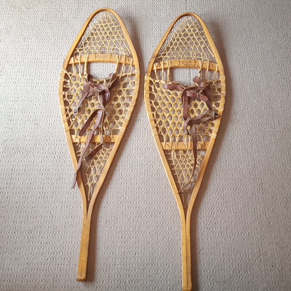 Vintage Kabir Kouba Wood & Rawhide Snowshoes W/ Leather Bindings 48 x 14